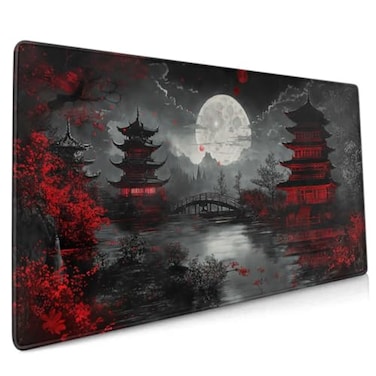 Sweetshow Japanese Mouse Pad XXL 354 X 157 Inch Black Red Design Style Extended Large Gaming Mousepad Keyboard Full Desk Mat NonSlip Rubber Base Stitched Edges for Home Office