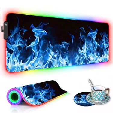 stmedazm RGB Gaming Mouse Pad with Coffee Coaster XXL Large Glowing LED Mousepad AntiSlip Rubber Base Computer Keyboard Desk Mouse Mat 315 X 118 Inch Blue Flame