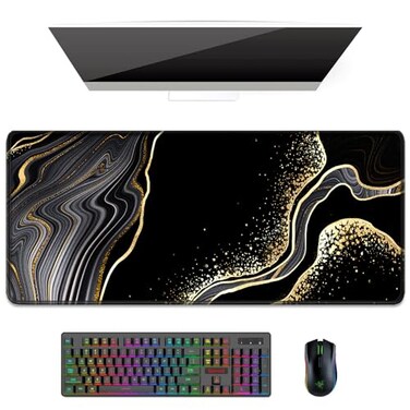 Auhoahsil Desk Pad XL Extended Large Gaming Mouse Pad 315 x 118 Inch Waterproof Mousepad with Stitched Edges NonSlip Computer Keyboard Laptop Mat for Women Men Office Work Black Gold River