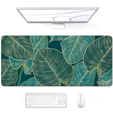 Auhoahsil Desk Pad XL Extended Large Gaming Mouse Pad 315 x 118 Inch Waterproof Mousepad with Stitched Edge NonSlip Computer Keyboard Laptop Mat for Women Men Office Work Teal Tropical Leaves