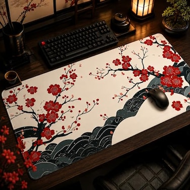 AQQA Japanese Desk Mat Cherry Blossom Waves Large Gaming Mouse Pad XL Anime Gaming Keyboard Mat NonSlip Rubber Base Mousepad Desk Decor for Women Home Office 315x157
