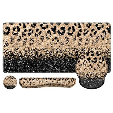 iLeadon Mouse Pad Set Desk Mat Mouse Pad with Wrist Rest Keyboard Wrist Rest Coaster 4in1 Leopard Mouse and Keyboard Pad Set for Home Office Black Gold Leopard