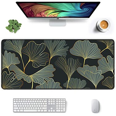 Auhoahsil Extended Mouse Pad XXL Gaming Mouse Pads Large Big Mousepad Laptop Computer Keyboard Mat Desk Pad with NonSlip Base Stitched Edge for Gaming Office 355 x 157 inch Gold Line Leaves