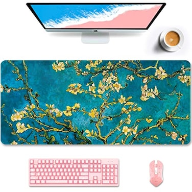 Auhoahsil Desk Pad XXL Large Mouse Pad Extended Gaming Mousepad Cute Desk Mat for Women Big Office Accessories Mouse Pad for Computer Keyboard and Laptop 356 x 157 Teal Van Gogh Almond Tree