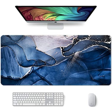 Auhoahsil Large Mouse Pad XXL Desk Pad Extened 35 x 15 NonSlip Rubber Base Stitched Edges Superior Surface Waterproof Keyboard Mat Large Mousepad for Gamer Office Home Ink Navy Marble