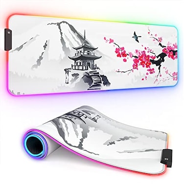 ITNRSIIET RGB Gaming Mouse Pad Full Desk XL Extended Large Gaming Mousepad 12 Lighting Modes 30 Thicker Big LED Desk Mat for Gamers 32 x 12 inches Japanese Mount Fuji Sakura