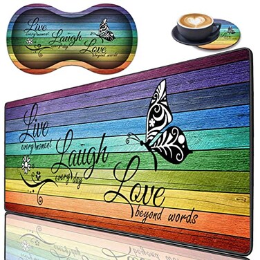 HTTYYTRYT 3 Piece Mouse Pad Set with Stitched Edge Large AntiSlip Mouse Pad Desk Pad Keyboard Pad Wrist Rest Pad Coaster Memory Foam Wrist Rest for OfficeHome Glitter Quote Live Laugh Love