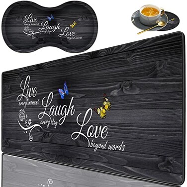 HTTYYTRYT 3 Piece Mouse Pad Set with Stitched Edge Large AntiSlip Mouse Pad Desk Pad Keyboard Pad Wrist Rest Pad Coaster Memory Foam Wrist Rest for OfficeHome Live Laugh Love