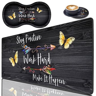 HTTYYTRYT 3 Piece Mouse Pad Set with Stitched Edge Large AntiSlip Mouse Pad Desk Pad Keyboard Pad Wrist Rest Pad Coaster Memory Foam Wrist Rest for OfficeHome Stay Positive Work Hard and Make It Happe