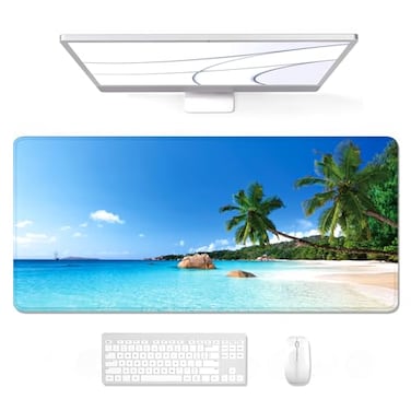 Auhoahsil Large Gaming Mouse Pad Beach Theme XXL 354 x 157 in Desk Pad Stitched NonSlip Rubber Long Computer Mousepad Thin Extended Full Size Desk Mat for Desktop Laptop Wireless Mice Blue