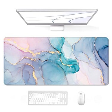 Auhoahsil Large Gaming Mouse Pad Marble Theme XXL 354 x 157 in Desk Pad Stitched NonSlip Rubber Long Computer Mousepad Thin Extended Full Size Desk Mat for Desktop Laptop Wireless Mice Teal Pink