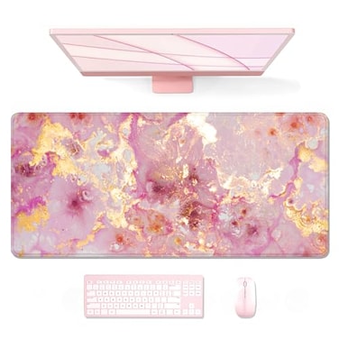 Auhoahsil Large Mouse Pad XXL Gaming Mousepad Desk Mat for Desktop Thick Rubber Big Long Size Stitched Edges Full Desk Pad for Laptop Computer Extended 354 x 157 in Pink Gold Marble