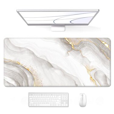 Auhoahsil Large Mouse Pad XXL Gaming Mousepad Desk Mat for Desktop Thick Rubber Big Long Size Stitched Edges Full Desk Pad for Laptop Computer Extended 354 x 157 in Gold Gray Marble
