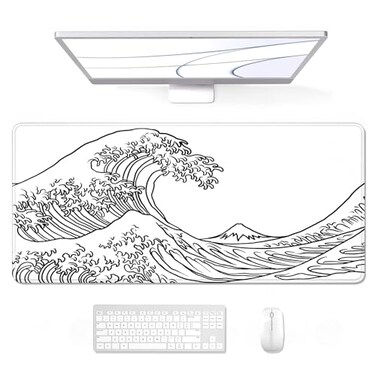 Auhoahsil Large Mouse Pad XXL Gaming Mousepad Desk Mat for Desktop Thick Rubber Big Long Size Stitched Edges Full Desk Pad for Laptop Computer Extended 354 x 157 in White Great Wave