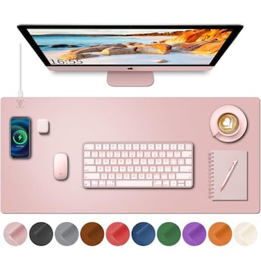 HopeLum Desk Mat with Wireless Charging Pink Mouse Pad with Wireless Charger Desk Pad Matt for Desktop Mousepad Gaming Large Mouse Pad Leather Compute for Keyboard and Mouse 32 x 16