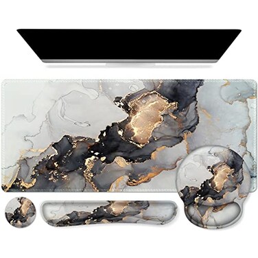 iCasso Desk Mat Gaming Mouse Pad Wrist Support Set4in1 XXL Large Mousepad Keyboard Wrist RestMouse Wrist RestCoaster Set with Ergonomic Design for Home Office Table ComputerGrey Ink Marble