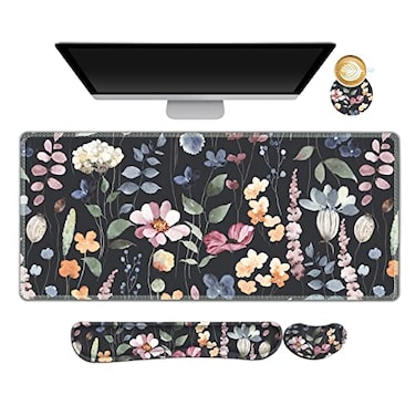 ARTSO Gaming Mouse Pad Wrist Support Set XXL Large Desk Mat Mousepad Keyboard Wrist Support Mouse Wrist RestCoaster 4in1 Ergonomic Memory Foam Stitched Edge for Home Office Flowers Plants