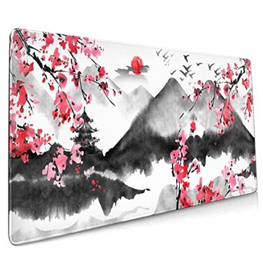 Sweetshow Japanese Cherry Blossom Mouse Pad 354 X 157 Inch XXL Full Desk Pink Watercolor Art Cool Design Gaming Mousepad Extended Large NonSlip Rubber Base Keyboard Mat with Stitched Edges