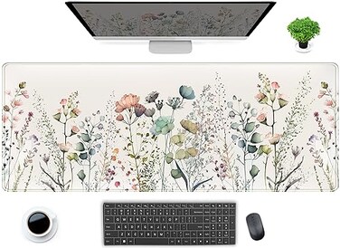 DCJJM Cute Wild Flower Desk Mat Boho Aesthetic XL Large Extended Gaming Mouse Pad Desk Pad with Stitched Edges 315x118 in Computer Laptop Mousepad Keyboard and Mouse Mat for Women Office Desk Decor