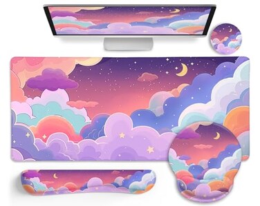 LIMKRIAN Purple Mouse Pad Large Desk Mat Set Kawaii Clouds Ergonomic Mouse Pad with Wrist Rest Keyboard Wrist Support XXL Mousepad Cup Coaster Set Cute Purple Office Desk Accessories Decor Supplies