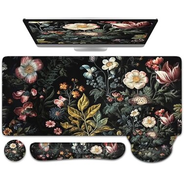 iCasso Desk Cover Mat 4in1 Floral Large Mouse Pad with Wrist Rest Desk Matt for Desktop AntiSlip XXL Big Computer Ergonomic Mousepad with Wrist Support for Keyboard and Mouse Elegant Flowers