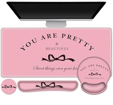 ToLuLu Gaming Mouse Pad Large Desk Mat Cute Desk Pad Protector 4in1 XXL Mousepad Keyboard Wrist RestMouse Wrist RestCoaster Set with Ergonomic Desk Pad for Home Office Table Computer Pink Pretty Bow