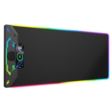 HiWe Gaming Mouse Pad RGB 35x158 Large Keyboard Desk Mat with Magnetic Wireless Charging for iPhone 24 Light Effects NonSlip Base Waterproof UltraSmooth Surface with Adapter Black