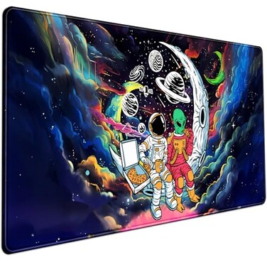 Mechanical Cattle Funny Space Mouse Pad Desk Mat Astronaut Alien Large Gaming Mouse Pads Anime Desk Pad Mousepad XXL Cool Trippy Universe Extended Keyboard Mat with Stitched Edges AntiSlip 315 X 158 i