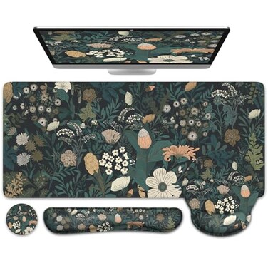 iCasso Desk Cover Mat 4in1 Floral Large Mouse Pad with Wrist Rest Desk Matt for Desktop AntiSlip XXL Big Computer Ergonomic Mousepad with Wrist Support for Keyboard and Mouse Weeds