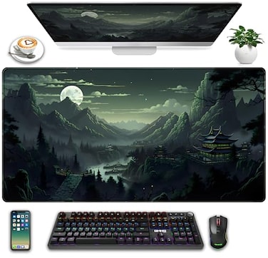 LuckyCow XXL Large Gaming Mouse Pad Anime Green Moon Mountains Desk Mat Desk Decor Mousepad Computer Mat NonSlip Rubber Base Desk Pad Laptop Keyboard and Mouse Mat with Stitched Edges 315x1575 in