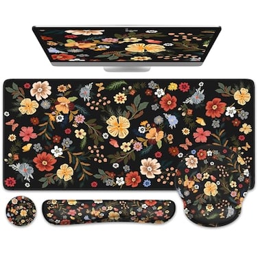 iCasso Desk Cover Mat 4in1 Floral Large Mouse Pad with Wrist Rest Desk Matt for Desktop AntiSlip XXL Big Computer Ergonomic Mousepad with Wrist Support for Keyboard and Mouse Flowers
