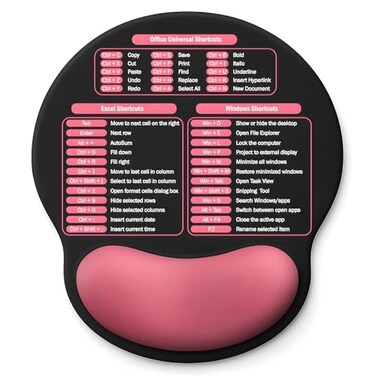 Senetem Mouse Pad with Wrist Rest Ergonomic Memory Foam Support Small Cute Excel Cheat Sheet Mousepad with Windows Office Shortcuts NonSlip PU Base for Computer Desk Laptop Travel Black Pink