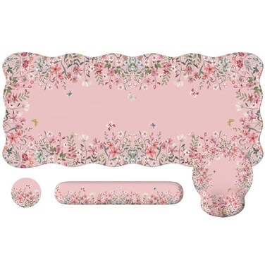 iCasso Desk Mat SetLarge Mouse Pad with Wrist RestErgonomic Keyboard Wrist Support for WomenGirly Floral Computer Mat with Scalloped EdgesNonSlip Desk Pad Home Office Gaming Pink