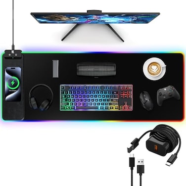 Miroddi RGB Gaming Mouse Pad with Fast Wireless Charger LED Extended Desk Mat Home Office Large Desk Pad with UltraSmooth Surface NonSlip Base Waterproof Keyboard Pad Black