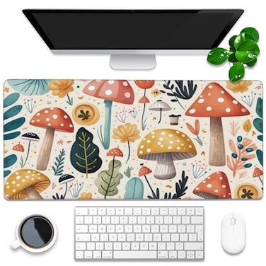 KOAIWPAE Desk Pad Hand Drawn Charming Mushroom and Leaves Extended Gaming Mouse Pad Large 354x157 Big Mouse Pad with NonSlip Base and Stitched Edge Long Computer Keyboard Mouse Mat for Home Office Wor