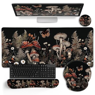 LIMKRIAN Mushroom Mouse Pad Set Large Desk Matt for Desktop Ergonomic Mouse Pad with Wrist Rest Gaming Mouse Pad Wrist Support Keyboard Mat Cup Coaster Set Office Desk Decor Accessories