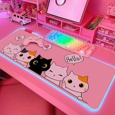 JMIYAV Pink Kawaii Cat RGB Gaming Mouse Pad 315x12 Inch PC XL Large Extended Glowing Led Light Up Cool Mouse pad Desk Pad NonSlip Rubber Computer Mouse Mat Cute Mousepad 315x12 Inch
