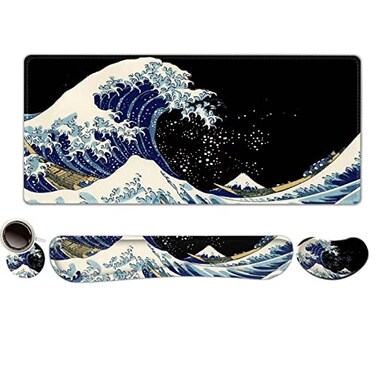 ToLuLu Extended Gaming Mouse Pad Memory Foam Ergonomic Keyboard Mouse Wrist Rest Support Set Large Desk Mat with Stitched Edges NonSlip Base Mousepad for Home Office Game Study Wave of Kanagawa