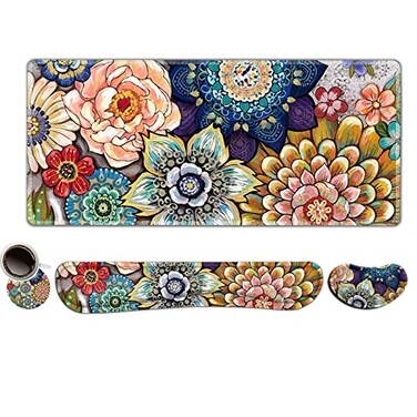 ToLuLu Extended Gaming Mouse Pad Memory Foam Ergonomic Keyboard Mouse Wrist Rest Support Set Large Desk Mat with Stitched Edges NonSlip Base Mousepad for Home Office Game Colorful Flower