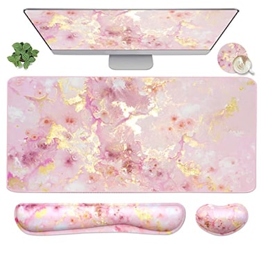 WB WEIRDBEAST 4in1 Large Gaming Mouse Pad Keyboard Wrist Rest Pad Wrist Support Mousepad Set Extended Desk Pad Waterproof Desk Mat for Home Office Study GamePink Gold Marble