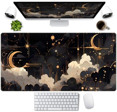 LuckyCow Black and Gold Celestial Desk Mat XXL Extended Gaming Mouse Pad Large Mousepad with Stitched Edges Laptop Computer Keyboard Mouse Mat Desk Pad for Work Game Office Home Desk Decor 315x1575 in