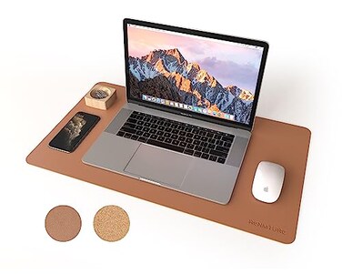 RENMTURE DualSided Mouse Pad Natural Cork PU Leather Large Desk Pad for Office and Home Work Desk Protector NonSlip Waterproof Easy Clean Brown 236 x 137