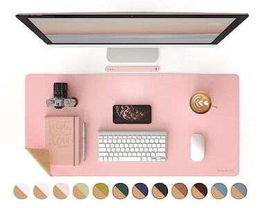 RENMTURE DualSided Mouse Pad Natural Cork PU Leather Large Desk Pad for Office and Home Work Desk Protector NonSlip Waterproof Easy Clean Pink 36x17