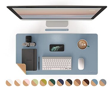 RENMTURE DualSided Mouse Pad Natural Cork PU Leather Large Desk Pad for Office and Home Work Desk Protector NonSlip Waterproof Easy Clean Blue Gray 32x16