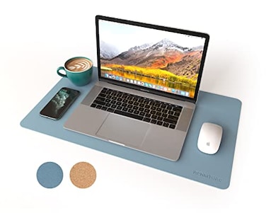 RENMTURE DualSided Mouse Pad Natural Cork PU Leather Large Desk Pad for Office and Home Work Desk Protector NonSlip Waterproof Easy Clean Blue Gray 236 x 137