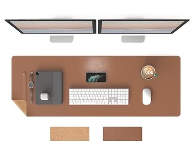 RENMTURE DualSided Mouse Pad Natural Cork PU Leather Large Desk Pad for Office and Home Work Desk Protector NonSlip Waterproof Easy Clean Brown47x17