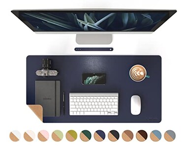 RENMTURE DualSided Mouse Pad Natural Cork PU Leather Large Desk Pad for Office and Home Work Desk Protector NonSlip Waterproof Easy Clean Dark Blue 32x16