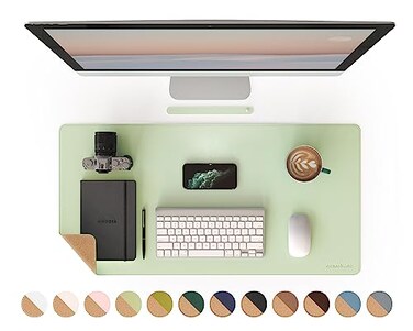 RENMTURE DualSided Mouse Pad Natural Cork PU Leather Large Desk Pad for Office and Home Work Desk Protector NonSlip Waterproof Easy Clean Light Green 32x16