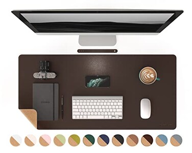 RENMTURE DualSided Mouse Pad Natural Cork PU Leather Large Desk Pad for Office and Home Work Desk Protector NonSlip Waterproof Easy Clean Dark Coffee 36x17