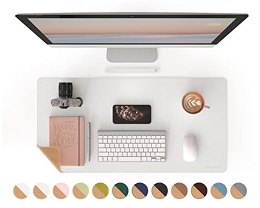 RENMTURE DualSided Mouse Pad Natural Cork PU Leather Large Desk Pad for Office and Home Work Desk Protector NonSlip Waterproof Easy Clean White 32x16